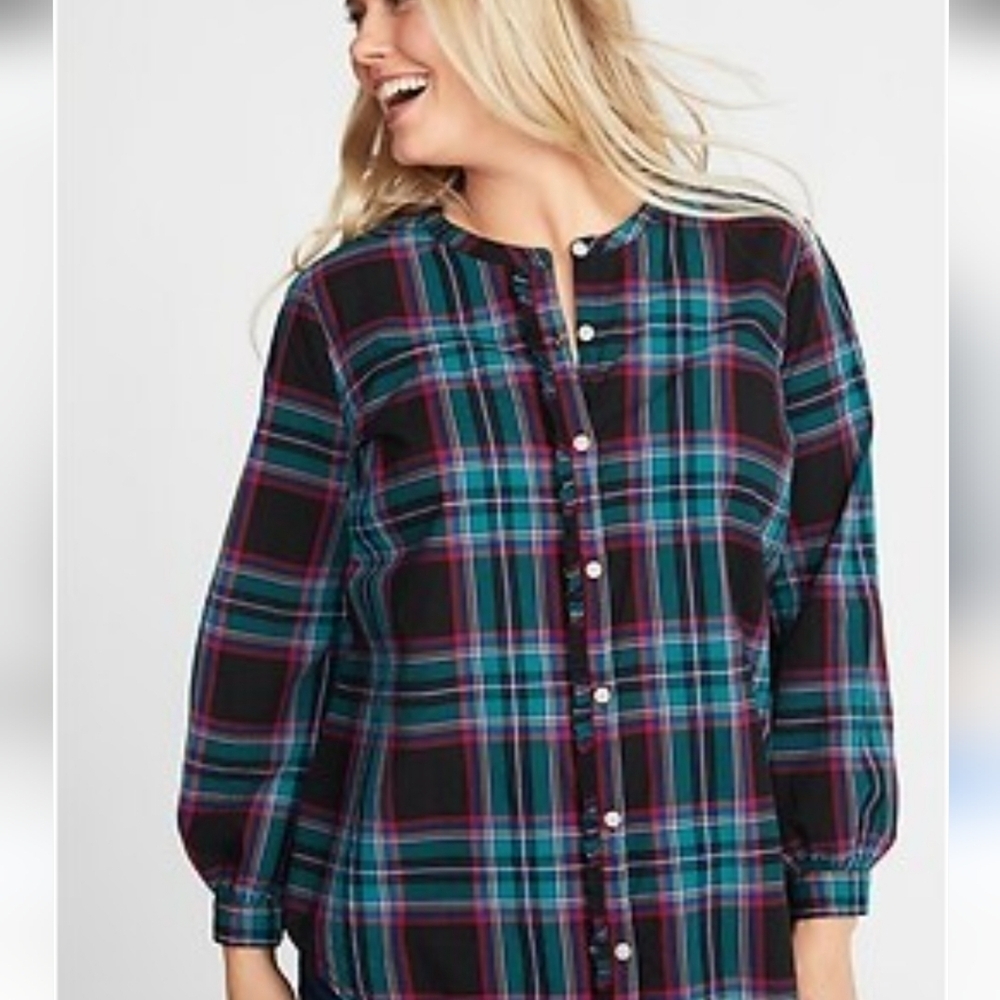 Old Navy Women's Relaxed Plaid Ruffle-Trim Cotton Blouse Top L